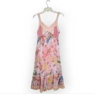 Katherine Cole Vintage Beaded Crochet Floral Dress with Ruffle Lace Hem Pink M